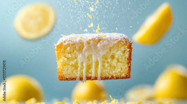 Fototapeta Delicious Lemon Drizzle Cake Slice Floating in Air