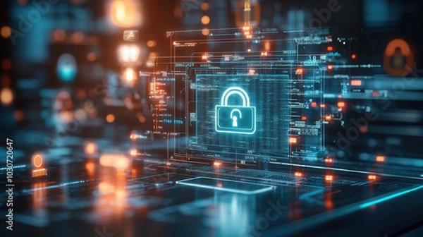 Fototapeta conceptual image of secure online shopping platform featuring digital lock symbol, representing cybersecurity and data protection. vibrant colors and futuristic design evoke sense of safety and trust