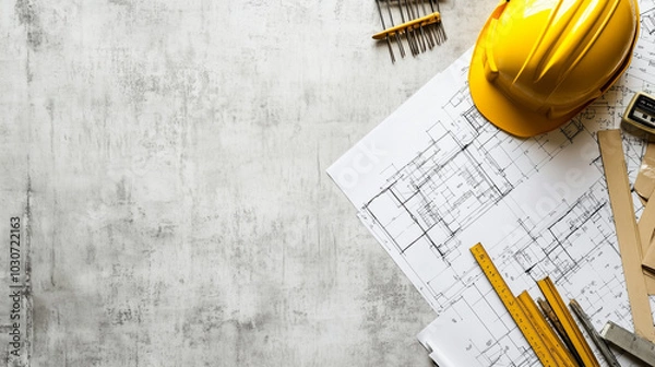 Obraz Z góry widać zorganizowane biurko architekta, pełne różnorodnych materiałów i narzędzi potrzebnych do pracy. Plany budowlane i projekty leżą starannie rozłożone obok przyborów inżynieryjnych.