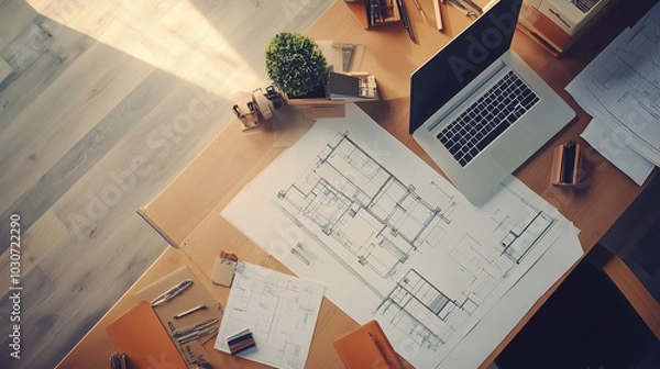 Obraz Z góry widać zorganizowane biurko architekta, pełne różnorodnych materiałów i narzędzi potrzebnych do pracy. Plany budowlane i projekty leżą starannie rozłożone obok przyborów inżynieryjnych.