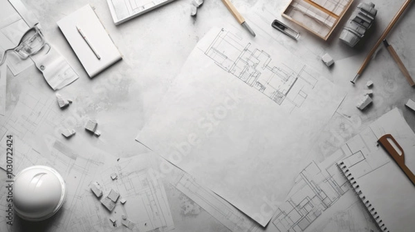 Obraz Z góry widać zorganizowane biurko architekta, pełne różnorodnych materiałów i narzędzi potrzebnych do pracy. Plany budowlane i projekty leżą starannie rozłożone obok przyborów inżynieryjnych.