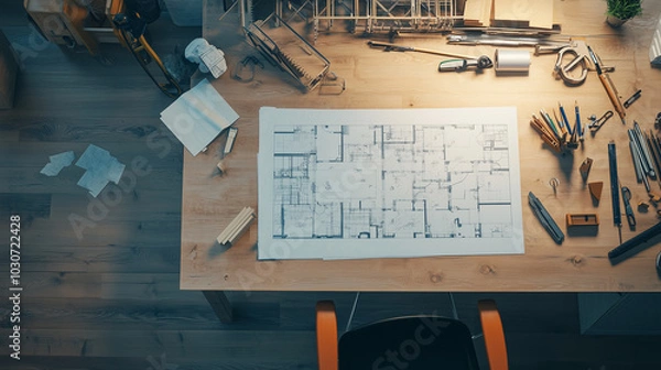 Obraz Z góry widać zorganizowane biurko architekta, pełne różnorodnych materiałów i narzędzi potrzebnych do pracy. Plany budowlane i projekty leżą starannie rozłożone obok przyborów inżynieryjnych.