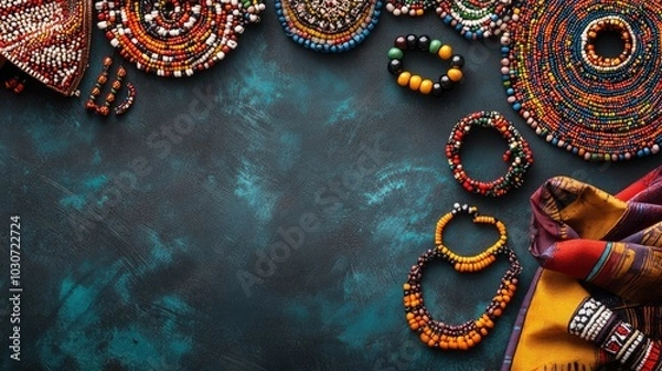 Fototapeta African beaded jewelry arranged in a top view layout with space for copy