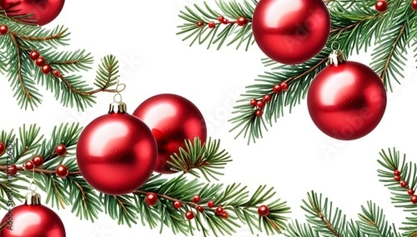 Fototapeta fir branches red balls watercolor art isolated white surface festive holiday feel