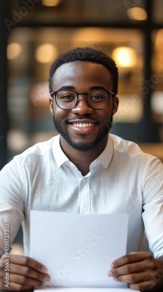 Obraz Confident professional with a warm smile holds a blank document, ready to present ideas in a modern office setting with soft, welcoming lighting.