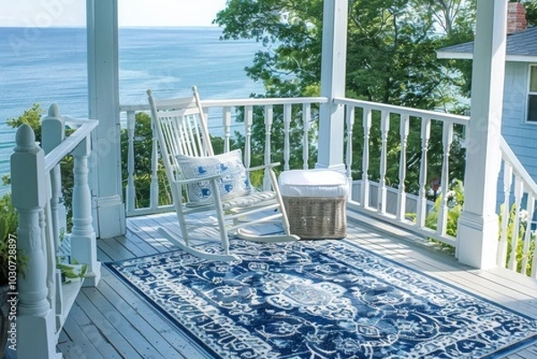 Obraz White wicker rocking chair on coastal home porch with blue and cream nautical runner rug, overlooking the water.