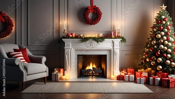 Fototapeta warm fireplace surrounded festive christmas decorations adds cozy ambiance room