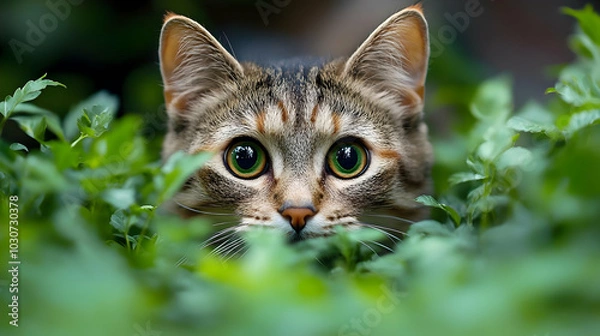 Obraz A curious cat peeks through lush green foliage.