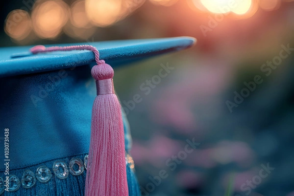 Fototapeta A close-up of a graduation cap with a pink tassel, framed by a soft, colorful background that suggests celebration and achievement.