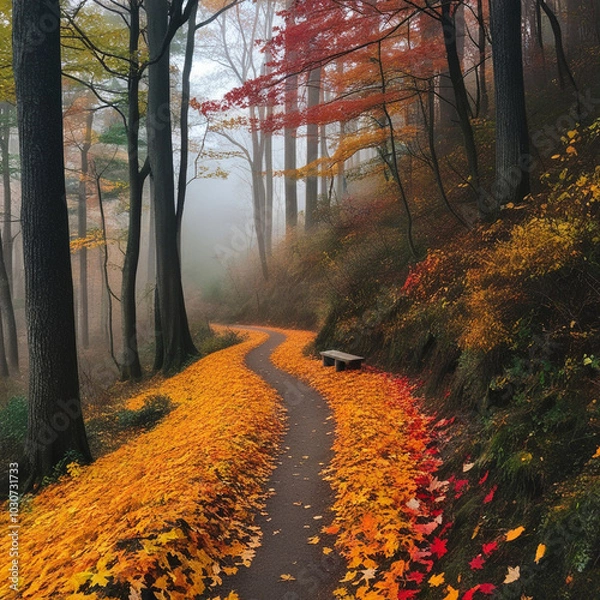 Fototapeta A narrow path winding through a dense forest during autumn. Golden, orange, and red leaves blanket the ground while trees stretch overhead