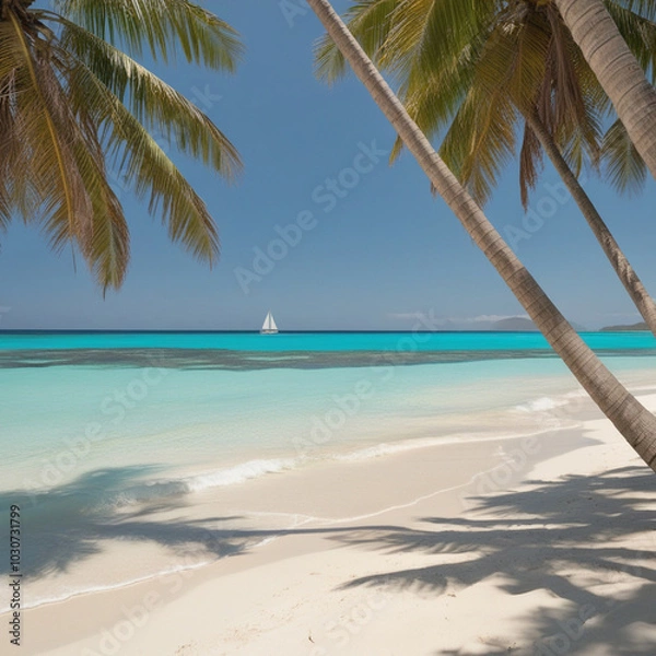 Fototapeta A secluded tropical beach with soft white sand and turquoise waters, framed by leaning coconut palms.