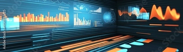 Fototapeta Futuristic digital dashboard displaying vibrant graphs and charts in a high-tech room, representing data analysis and business intelligence.
