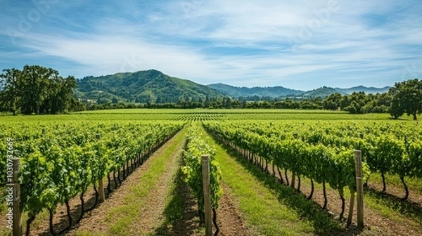 Fototapeta Lush vineyards of Napa Valley with a clear sky and space for text or design