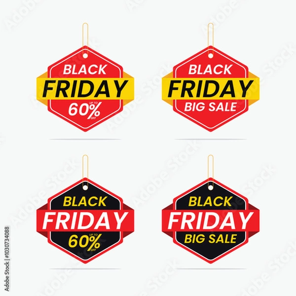 Fototapeta Black Friday Dangler design template. Black Friday offer dangler Vector template design, 60% off, Black Friday Big Sale, Black Friday realistic hanging sales label collection, tag, sticker.
