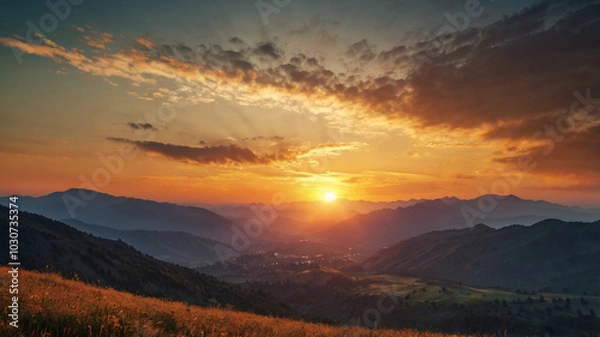 Fototapeta Rolling mountains gradually fading into twilight, with patches of golden sunlight highlighting rugged cliffs and valleys, inviting a sense of calm and wonder.