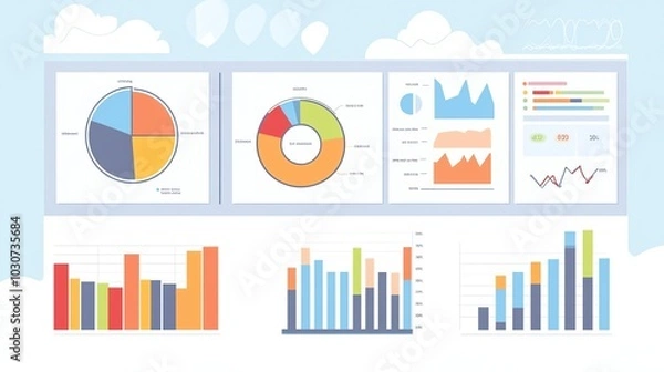 Fototapeta Colorful data analysis dashboard with charts and graphs for business and finance insights, illustrating metrics and performance trends.