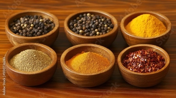 Fototapeta Popular African spices in small bowls arranged with room for text