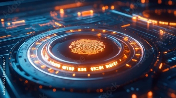 Fototapeta A vibrant digital illustration of a fingerprint on an integrated circuit board glowing with energy, symbolizing advanced biometric security technology in electronics.