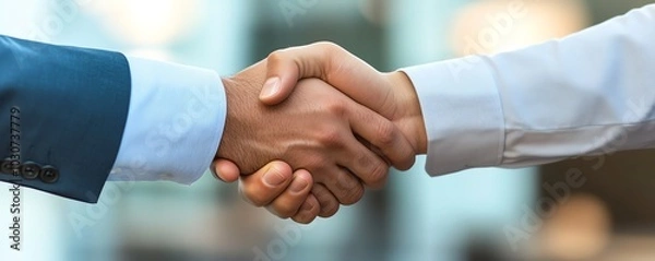 Fototapeta Professional handshake between two individuals symbolizing business agreement and partnership. Close-up shot with blurred background.