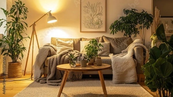 Fototapeta Cozy living room interior with a sofa, a coffee table, plants and a floor lamp.