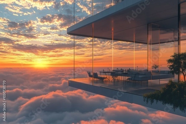 Fototapeta A contemporary cafe suspended in mid-air with open-air seating, minimalist decor, and panoramic views of a vibrant sunset and clouds