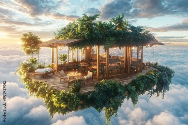Fototapeta A cozy cafe nestled on a floating island above the clouds with lush greenery, natural wood furniture, and large open-air windows overlooking the sky