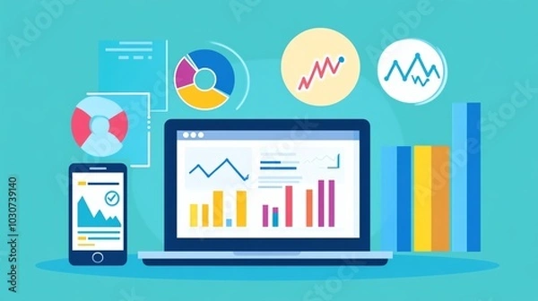 Fototapeta Colorful digital analytics dashboard with graphs and charts, showcasing data analysis on a laptop and smartphone.