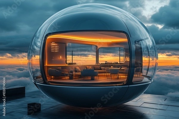 Fototapeta A futuristic cafe nestled within a floating glass bubble, offering a 360-degree view of the sky with sleek modern furniture and warm ambient lighting