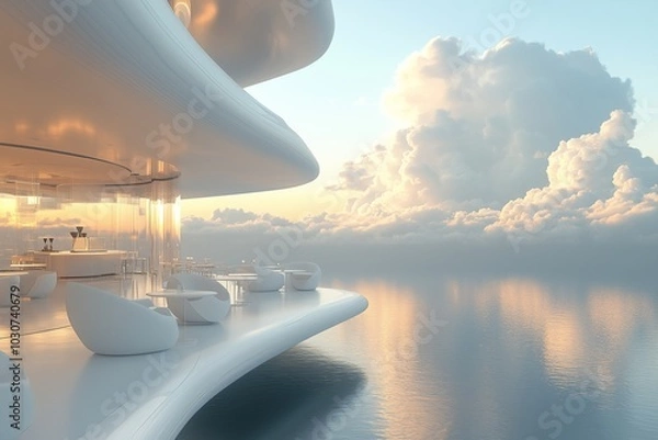 Fototapeta A futuristic floating cafe featuring clean lines, minimalist white furniture, and a stunning view of the clouds glowing in the soft morning light