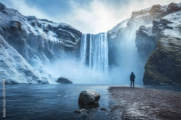 Fototapeta A lone traveler gazing up at a towering waterfall, standing on smooth rocks with mist rising, immersed in the tranquil sounds of rushing water