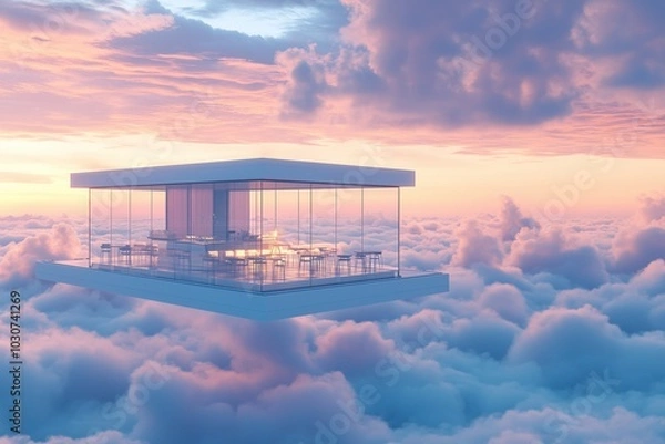 Fototapeta A minimalist cafe on a floating glass platform in the clouds, surrounded by soft pastel skies at dawn, providing a calm and elegant atmosphere