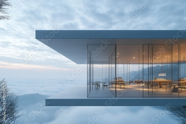 Fototapeta A minimalist cafe suspended by invisible supports, blending into the sky with glass walls and open-air seating overlooking a stunning cloudscape
