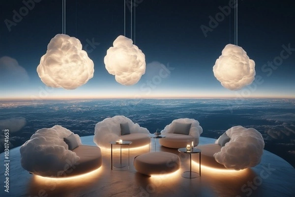 Fototapeta A minimalist floating cafe with soft lighting and cloud-inspired furniture, offering an elegant and peaceful escape high above the earth