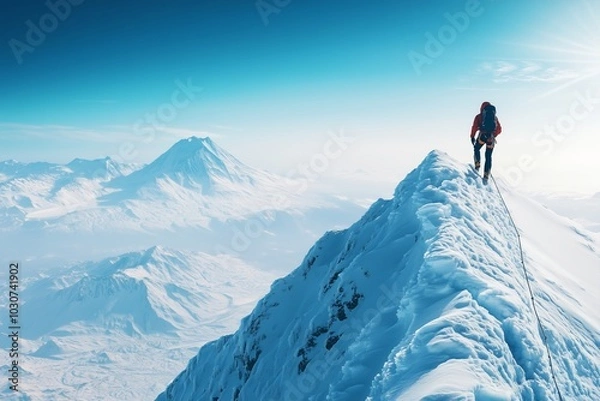 Fototapeta A minimalist image of a traveler climbing a snow-capped mountain, the vast icy landscape stretching out in all directions, with clear blue skies above