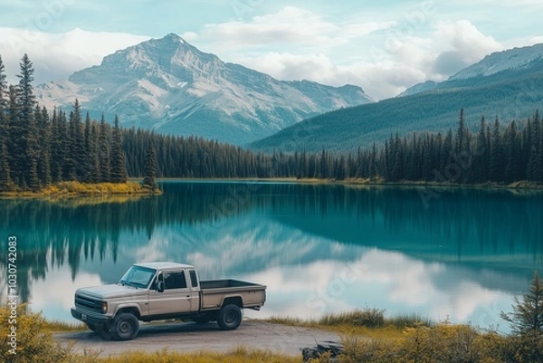 Fototapeta A minimalist image of a truck parked at a serene lake, with calm waters reflecting the surrounding mountains and forests, capturing the quiet beauty of nature