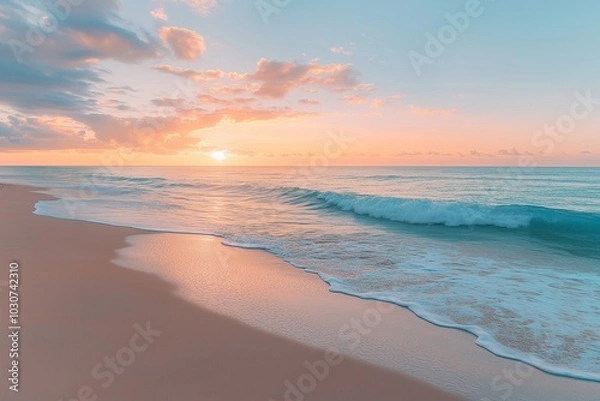 Fototapeta A minimalist scene of a traveler exploring a serene beach at sunrise, with gentle waves lapping the shore and a peaceful horizon stretching far beyond