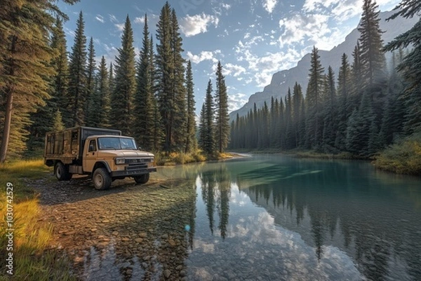 Fototapeta A minimalist scene of a truck parked by a crystal-clear river, surrounded by tall pine trees and soft sunlight filtering through the leaves
