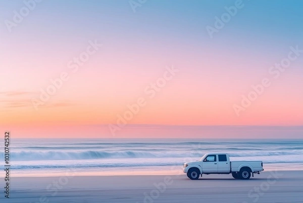 Fototapeta A minimalist scene of a truck parked on a sandy beach at sunrise, the ocean waves gently crashing in the background, and soft colors filling the sky