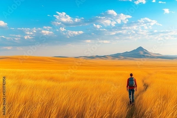 Fototapeta A minimalist traveler exploring a vast, open prairie with golden grasses swaying in the breeze and distant mountains visible on the horizon