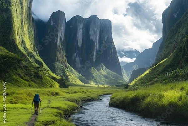 Fototapeta A minimalist view of a traveler trekking through a lush valley surrounded by towering mountains, with a gentle river flowing through the landscape