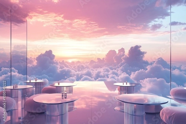Fototapeta A modern sky cafe with minimalist glass tables and a stunning view of fluffy clouds at sunset, providing a peaceful and serene ambiance