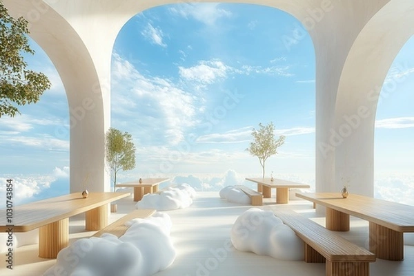 Fototapeta A peaceful sky cafe with minimalist wooden tables, cloud-like seating, and a tranquil atmosphere set in a clear blue sky with gentle winds