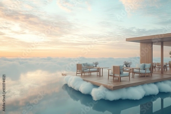 Fototapeta A serene floating cafe perched on the edge of a cloud with minimalist wooden furniture, soft pastel tones, and endless views of the sky