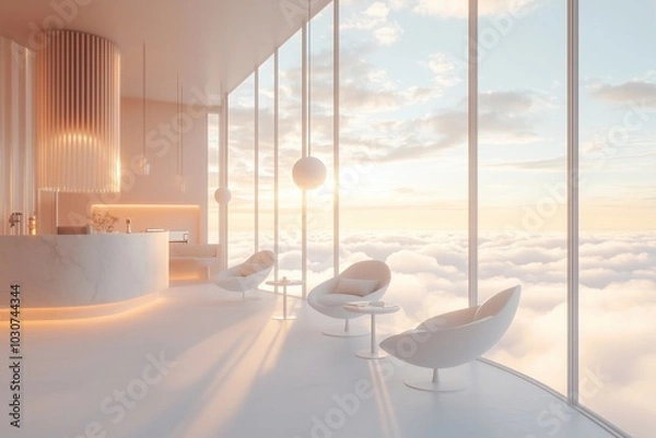 Fototapeta A serene cafe suspended above the clouds with soft sunlight streaming through large windows, floating chairs, and minimalist decor, overlooking a dreamy horizon