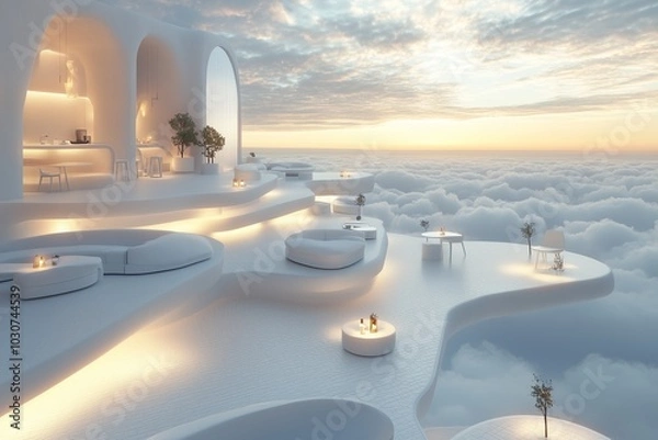 Fototapeta A sky-high cafe with minimalist white furnishings, soft natural lighting, and floating platforms creating an ethereal experience above the clouds