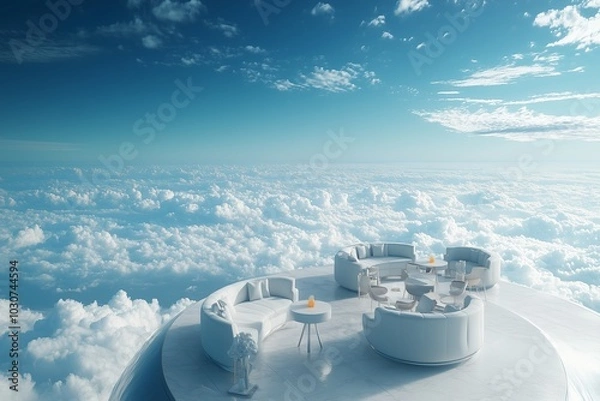 Fototapeta A sky-high cafe nestled in the clouds with sleek furniture, minimalist design, and expansive views of the clear blue sky and horizon