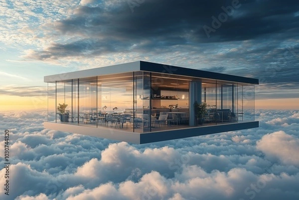 Fototapeta A sleek and modern cafe floating high above the earth with uninterrupted views of the clouds, minimalist glass walls, and elegant decor