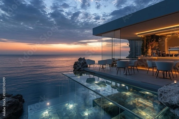 Fototapeta A tranquil cafe with transparent floors floating over the ocean, the open sky meeting the sea at the horizon, minimalist furniture, and soft ambient lighting