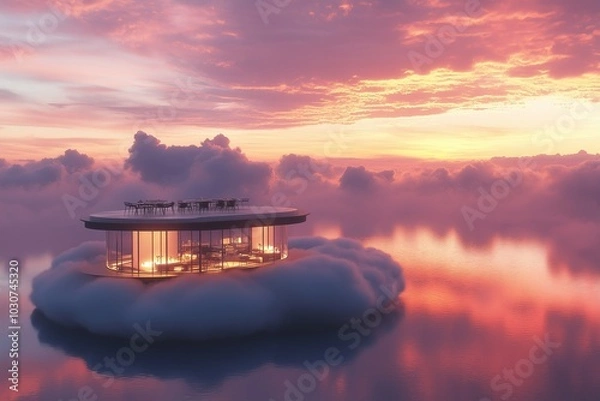 Fototapeta A tranquil floating cafe set on a cloud-like platform with clean, minimalist design, surrounded by vibrant sky hues at sunrise