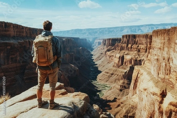 Fototapeta A traveler standing at the edge of a vast canyon with a breathtaking view of the rocky landscape, wearing simple gear, embracing the peaceful atmosphere of nature